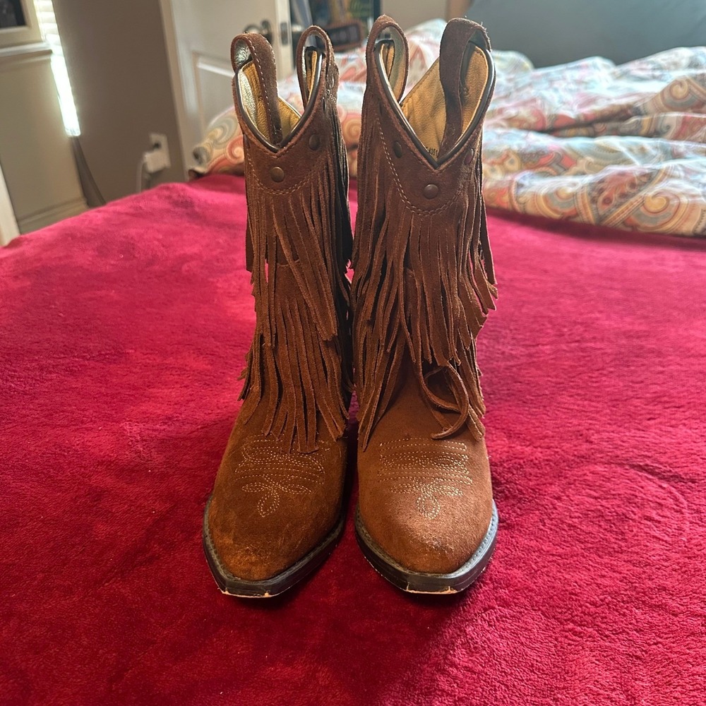 Kids Brown Suede Fringe Cowboy Boots Studded Western Mid Calf Size 1 - Picture 2 of 14